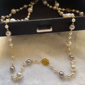 Gold and Grey & Ivory Pearl Long Necklace